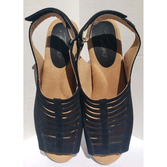 TROTTERS Minnie Black Suede Leather Shoes Wedge Heel Sz 7.5N Peep Toe EUC - Picture 7 of 13